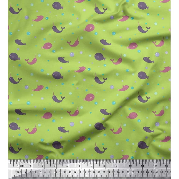 Soimoi Green Cotton Duck Fabric Prickly Fish & Dolphin Ocean Printed Fabric 1 Yard 42 Inch Wide