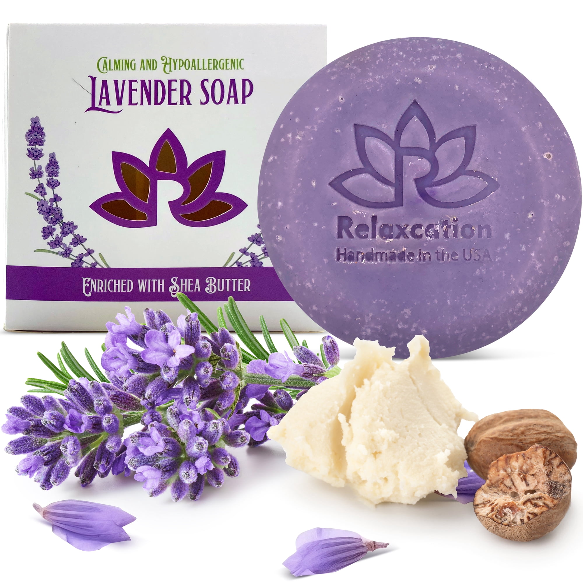 Natural Lavender Soap Bar with Essential Lavender Oil and Organic Shea Butter Cold Process Hypoallergeniс Organic Safe Handmade in USA by Relaxcation