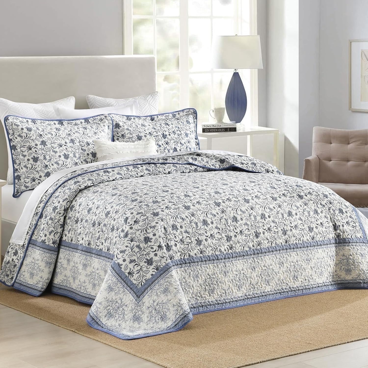 PANGUSHAN 100% Cotton Queen Quilt Set, Floral Queen Size Quilt Bedding Set Bedspreads, Reversible Botanical Patterns Quilted Lightweight Comforter, Blue/White/Gray Bed Spread for Queen Bed