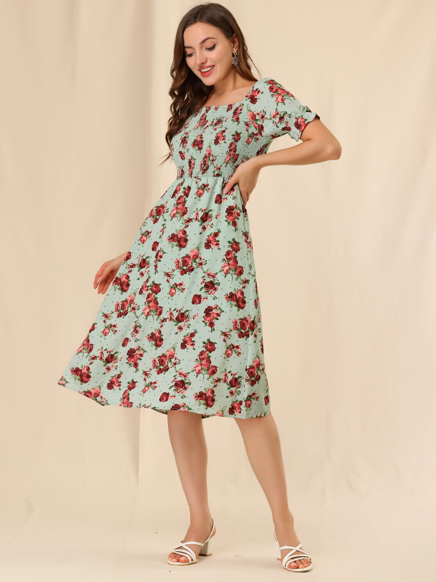 DARING DIVA Square Neck Puff Sleeves Smocked Waist Midi Floral Dres XS Green
