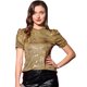 thumbnail image 1 of Camiseta informal elástica con cuello redondo y manga farol con parte superior torcida con purpurina para mujer Oro M, 1 of 5