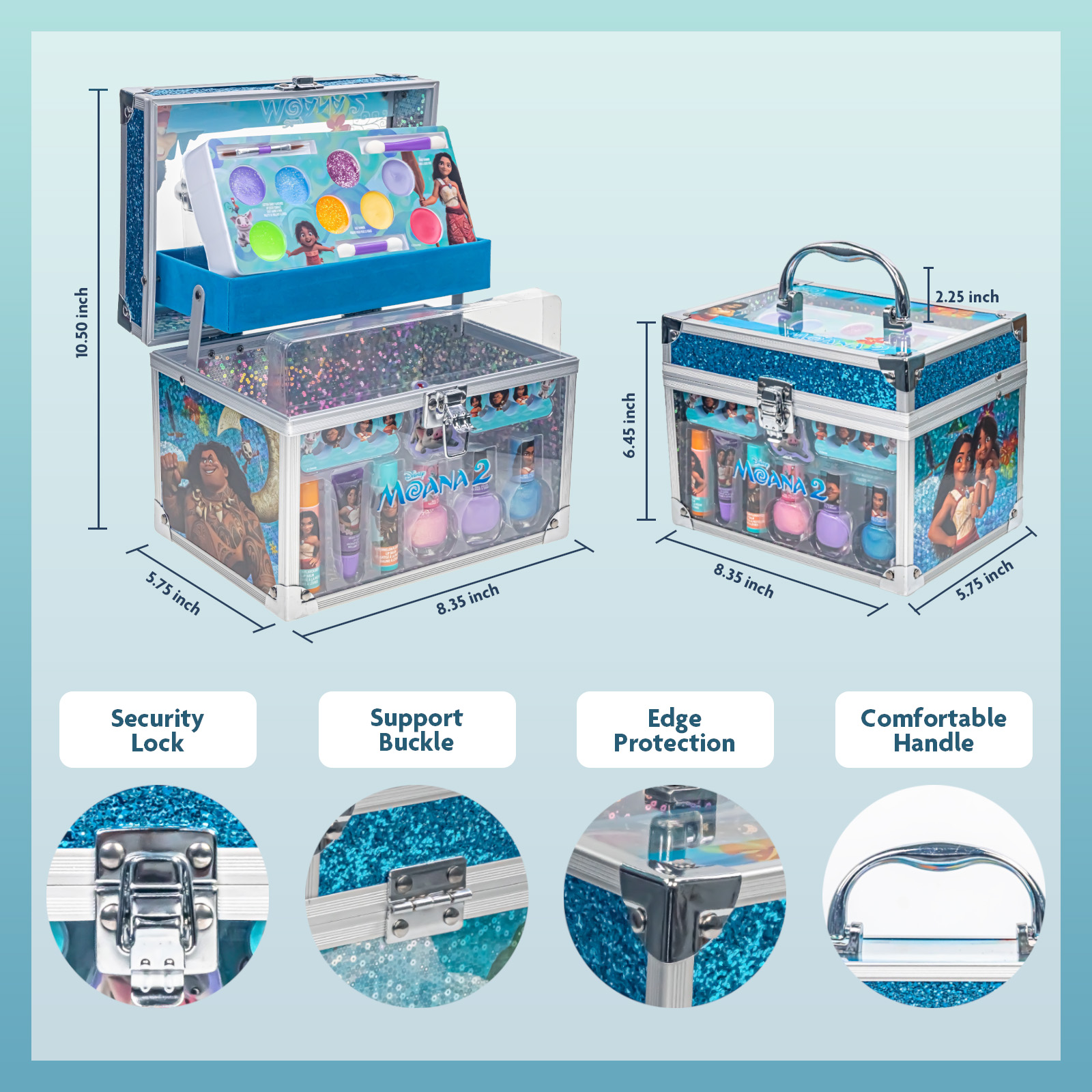 Moana 2 Kids Makeup Kit Train Case Beauty Set, Washable Play Makeup Set for Kids