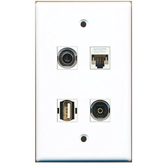 RiteAV - 1 Port USB A-A 1 Port Toslink 1 Port 3.5mm 1 Port Cat5e Ethernet White Wall Plate