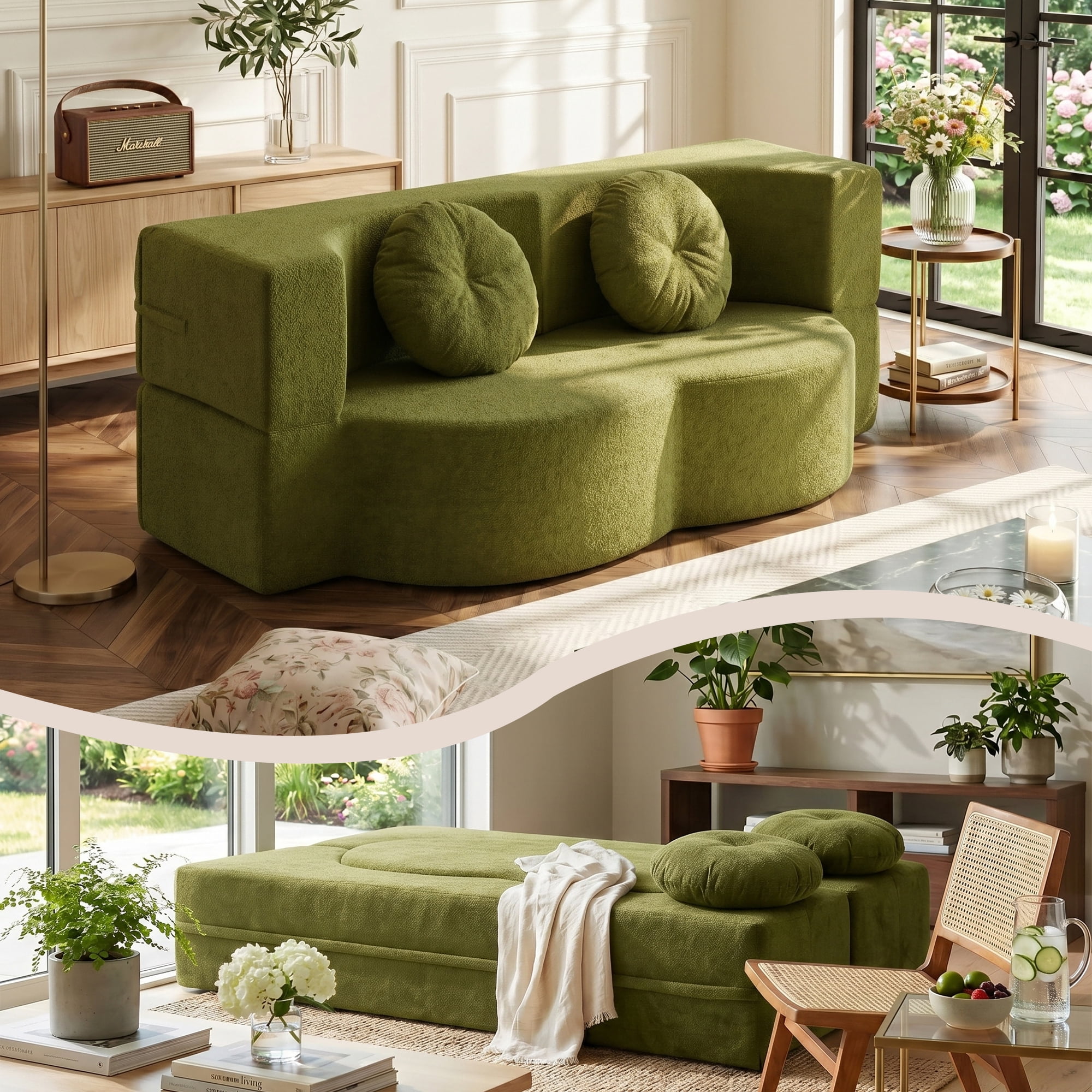 Eyisean 76" 2-in-1 Convertible Folding Sofa Bed, Twin Sleeper Sofa with Pillow, Modern Cotton Linen & Foam, Floor & Futon Loveseat Couch, Fluffy Folding Mattress for Living Room, No Assembly Required