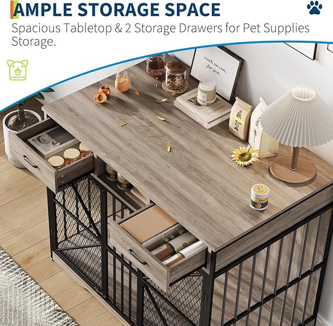 44" Large Dog Crate Furniture, Wooden Heavy Duty Dog Kennel Indoor End Table with Storage Drawers,Metal XL Dog Cage for Large/Medium Dogs, Brown & Black