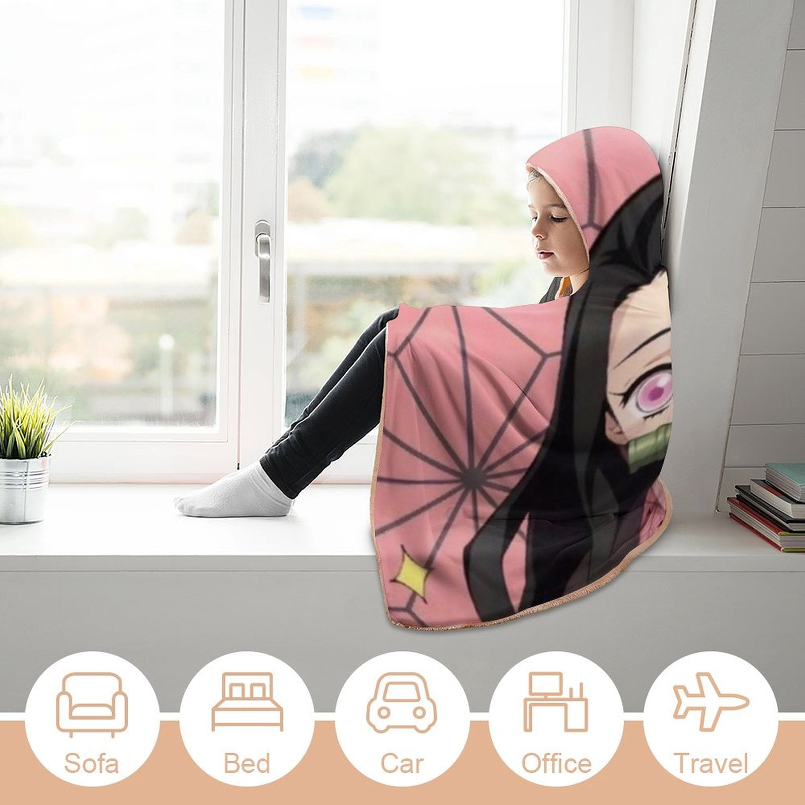 Kamado Nezuko Wearable Blanket Cloak Arctic Velvet Hooded Blanket Soft Fuzzy Hoodie Blanket Cape for Adults Kids 60"x80"