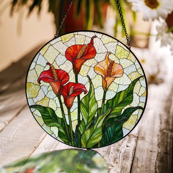 Calla Lily Bloom Glass Suncatcher, Round Sunlight Window Art, Garden Lover, 3.5 in