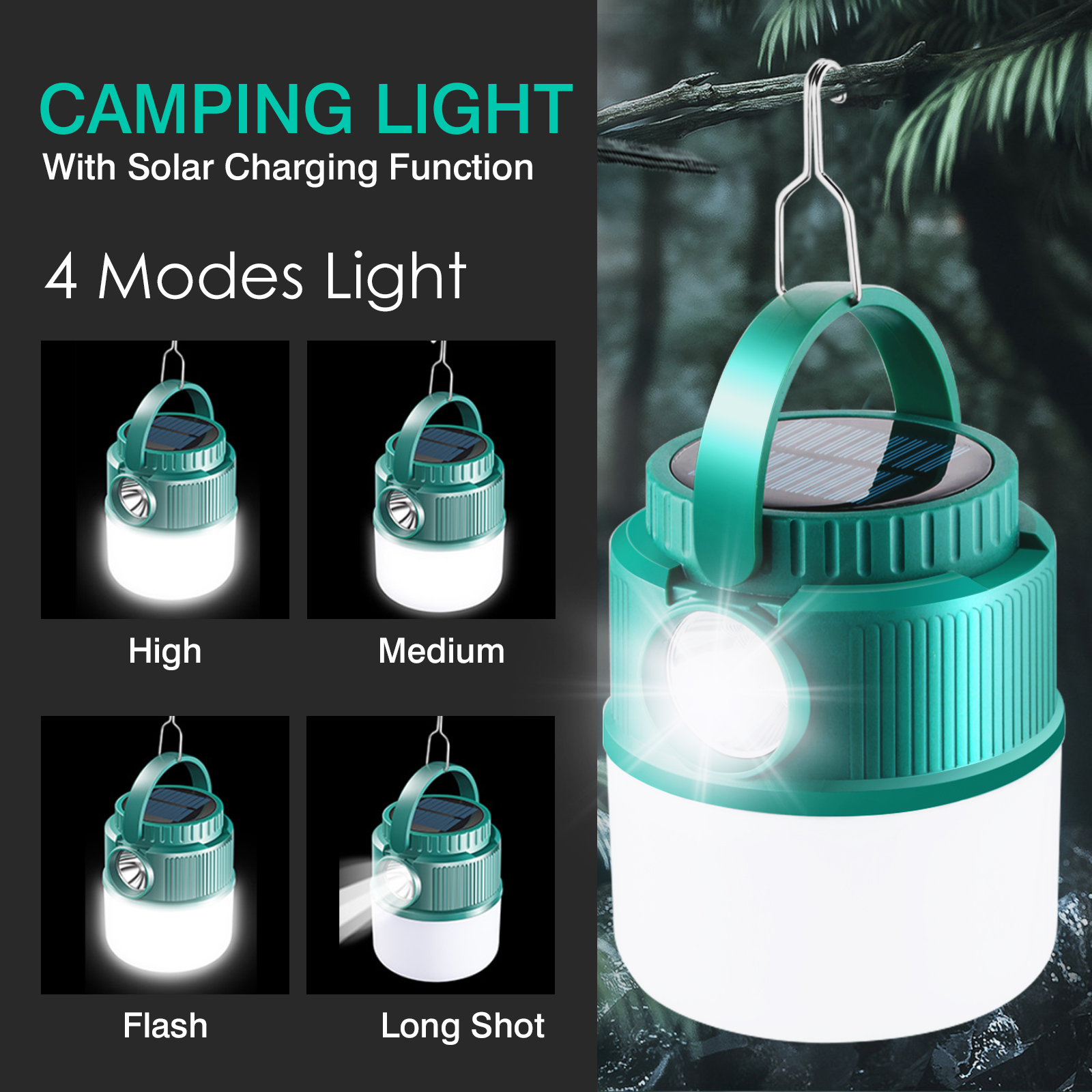 Solar Camping Lights Camping Lanterns LED Camping Light Rechargeable Tent Lamp 4 Modes Spotlight Waterproof Portable Light