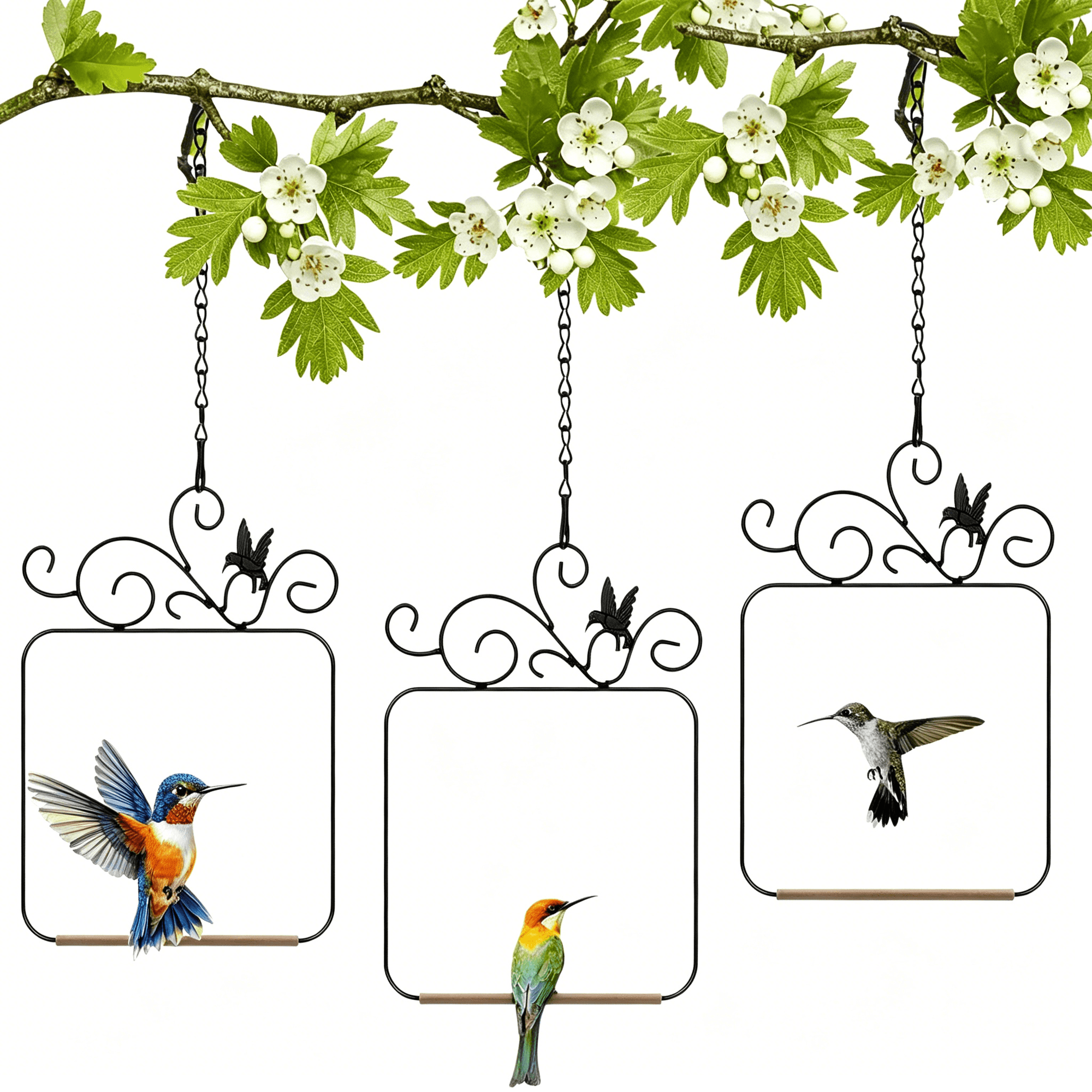 BESTSKY Hummingbird Swings and Perches Metal Frame with Wooden Dowel,3Pcs Outdoor Bird Swing and Perch for Garden Patio Backyard Hanging,Wild Bird Accessories