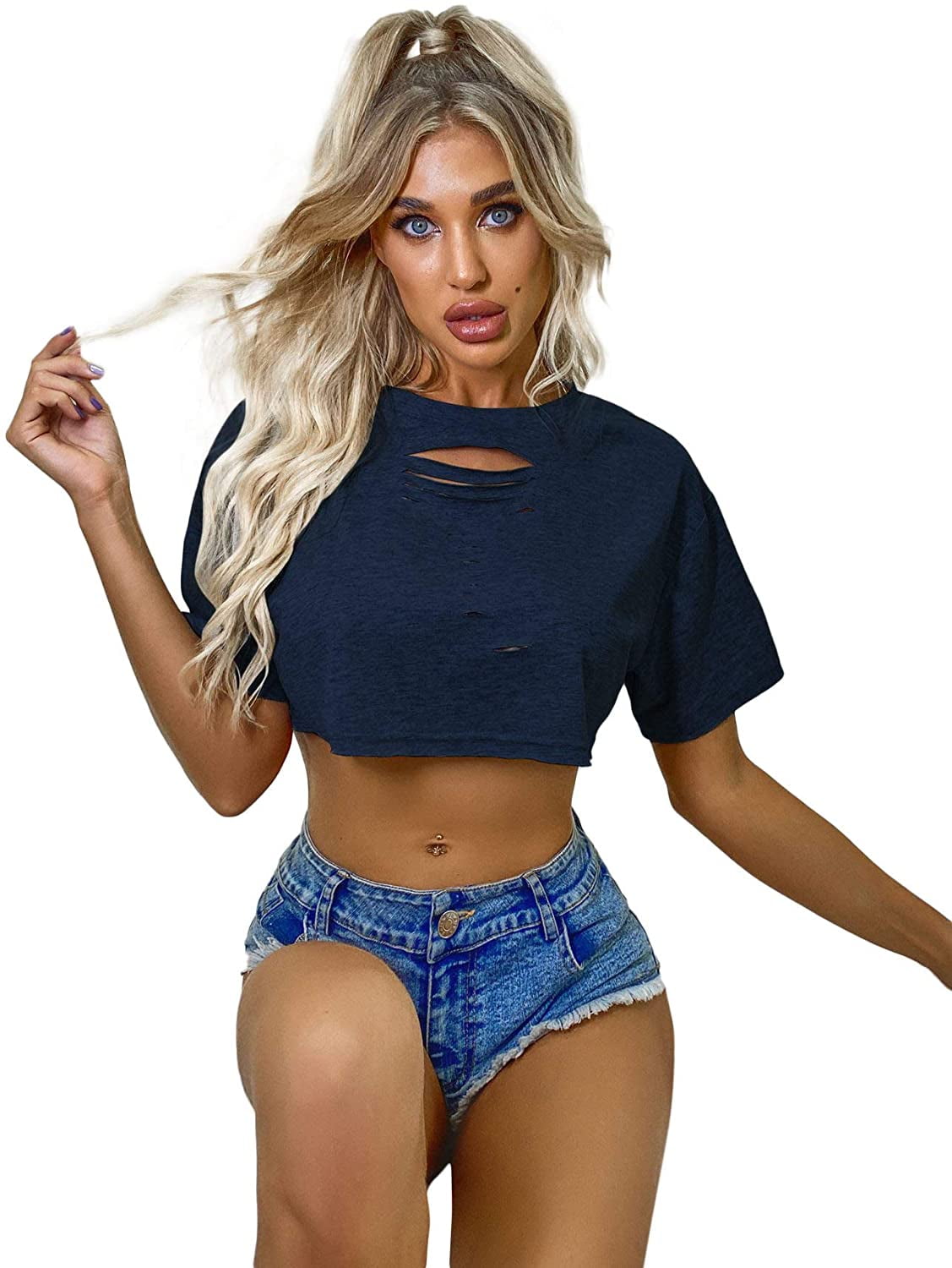 Women's Short Sleeve Distressed Ripped 