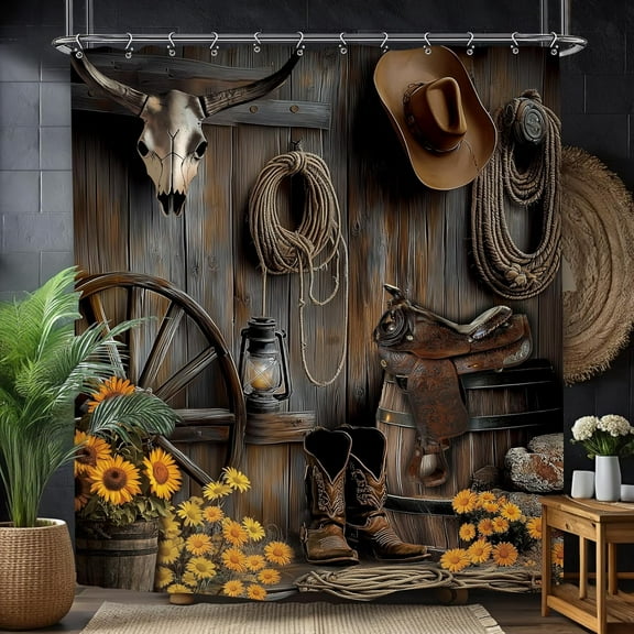 Barn Door Rustic Bathroom Shower Curtain 84W by 84H Inch Farmhouse Brown Wood Wooden Country Vintage Rural Polyester Fabric 12 Plastic Hooks Waterproof Decor