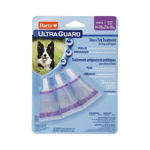 Hartz Ultraguard Flea & Tick Treatment for Dogs And Puppies 14 to 28 Kg, Each package contains 3 tubes, usage 1 tube per month. Do not use on dogs under 12 weeks of age.