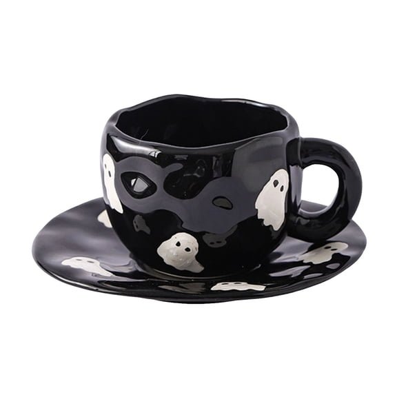 CZSCPDAW Halloween Ceramic Cup and Saucer Set with Black Irregular Mug and Gold Bat Pattern, Matching Display Plate