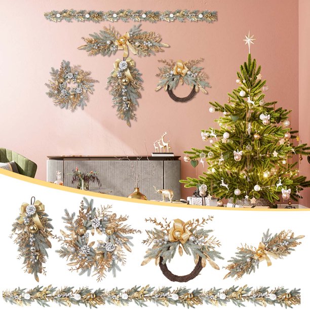 Teissuly Christmas Set Pendant, Frost Falling Gold Plated Ball Five Piece Set Rattan Door Hanger, Rattan Ring Pendant Christmas Flower Wreath Teissuly WER202311013116
