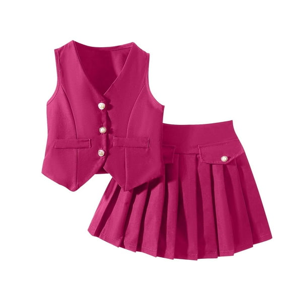 Efsteb Girls 2 Piece Outfits Sleeveless Button V Neck Tank Tops Pleated A-Line Mini Skirt Summer Clothes Set (Hot Pink,4 Years)