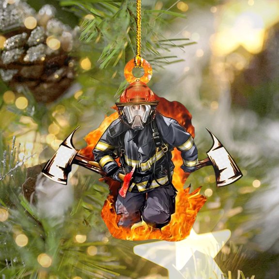 Kugisaki Acrylic Cartoon Firefighter Ornaments Creative Ornament Double Print Hanging Pendant for Christmas Tree Car Rearview Mirror Unique Gift for Firefighter