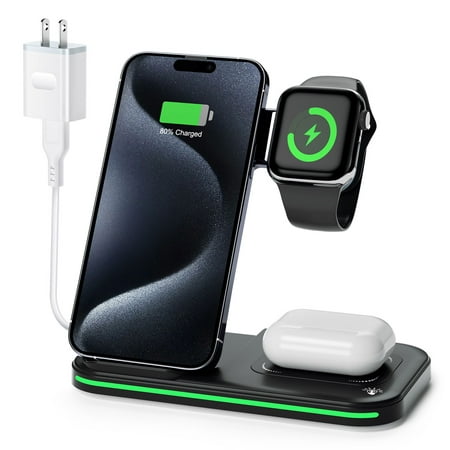 Charging Station for iPhone Android QI Devices, 3 in 1 Fast Wireless Charger Stand Dock Foldable for iPhone 15 14 13 12 11 Pro&Samsung Galaxy, iWatch Series 8 7 6 SE 5 4&AirPods 3/2/Pro w/Adapter