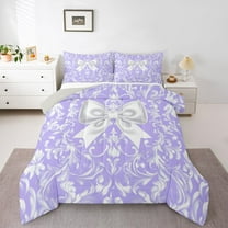 Homewish Kawaii Bow Knot Full Size Comforter Sets,Vintage Baroque Floral Bedding Comforter Set,Purple White Bedding Sets For Girl Teens,Super Cozy Room Decor Reversible,3-Piece