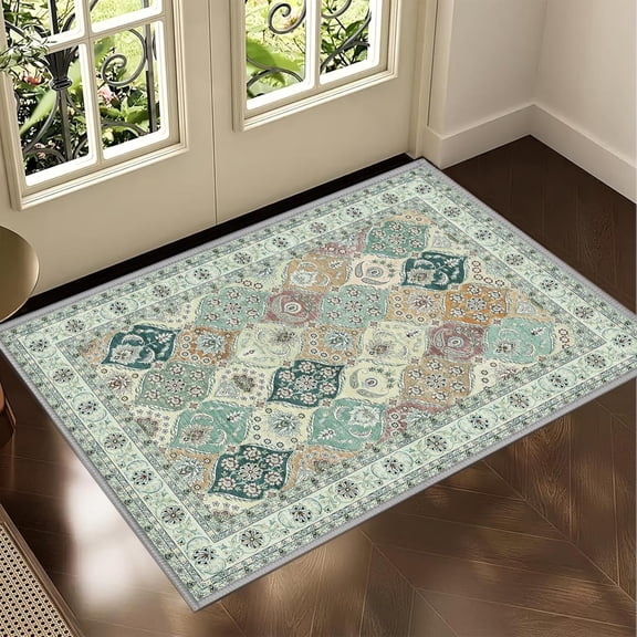 Moroccan Trellis Washable Rug,Kitchen Rugs For Bathroom Entryway, Vintage Moroccan Non-Slip Indoor Doormat Soft Ultra-Thin Accent Rug, Welcome Mat Bohemian Throw Carpet For Laundry 2x3ft