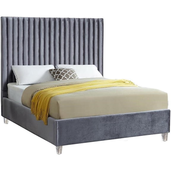 Meridian Furniture Candace Solid Wood Tufted Velvet King Bed in Gray