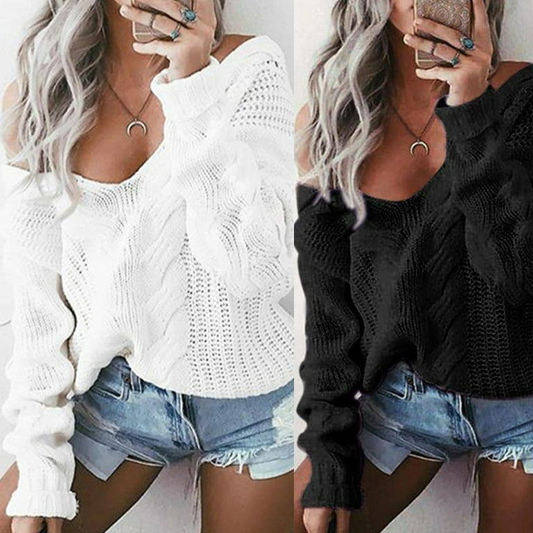 Women Long Sleeve Chunky Cable Knit Sweater Deep V-Neck Off