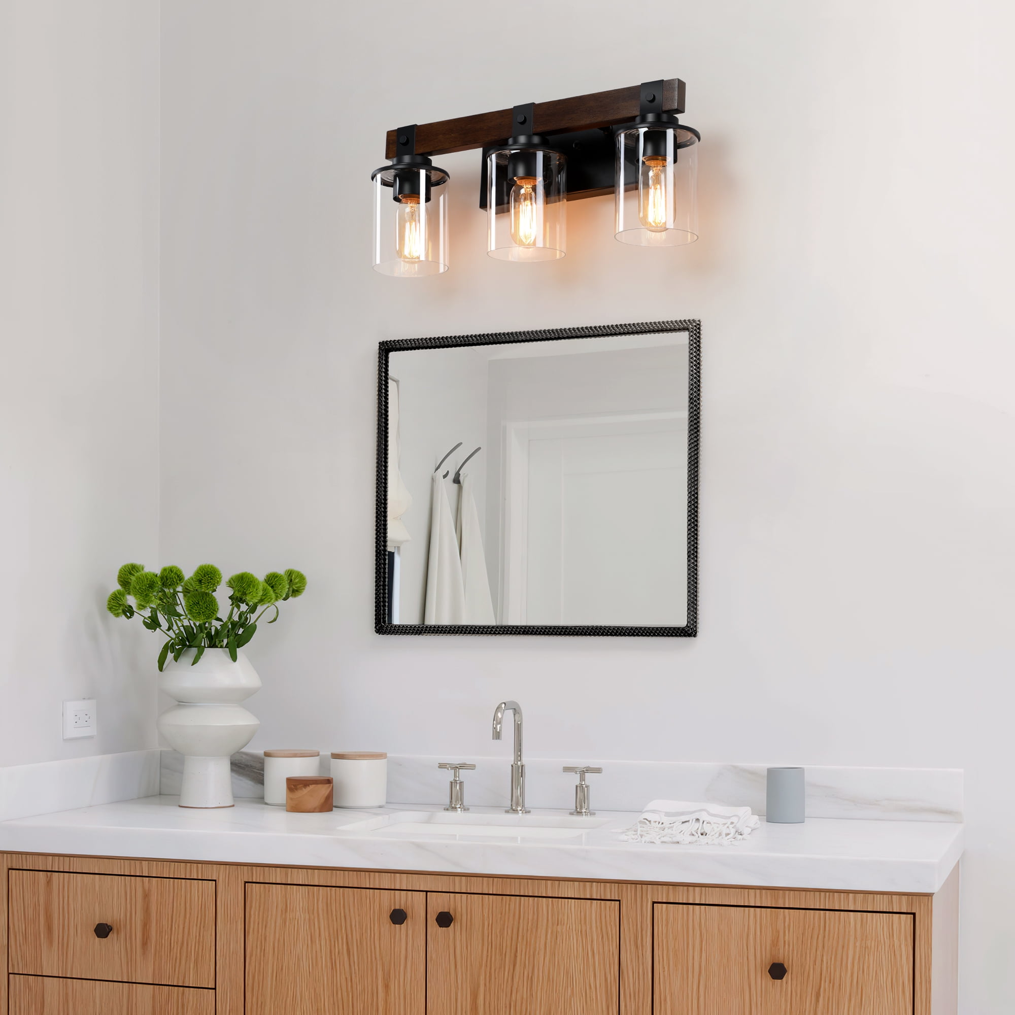GCGAFUL Farmhouse Bathroom Vanity Light, 18.5 Inch 3-Light Black and Walnut Wall Sconce with Clear Glass Shades, Dimmable E26 Base