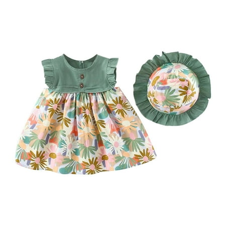 

Toddler Baby Girls Summer Sundress Fashion Sleeveless Flower Collar Princess Dress Puffy Pleated Mini Dress with Hat Outfit 2 Piece Set