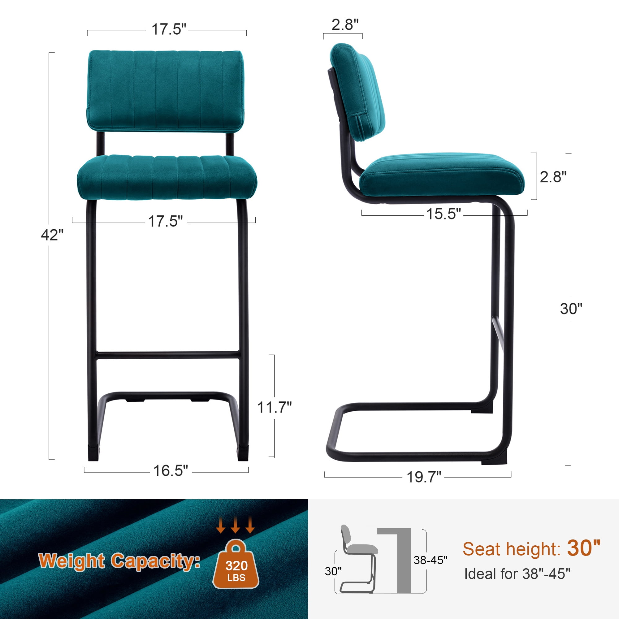 ONEVOG 30''H Bar Height Stools Set of 2, Morden Barstools with Velvet and Black Metal Legs, Upholstered Bar Stool for Kitchen Island, Teal