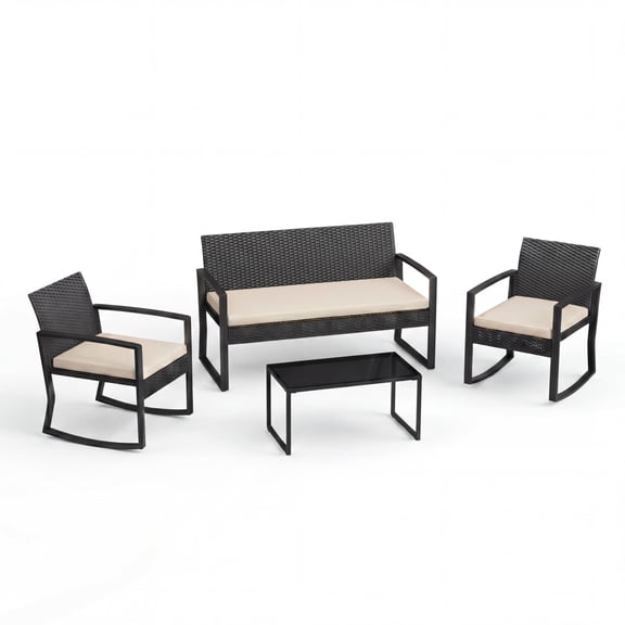 4 Piece Patio Furniture Set, PE Rattan Outdoor Rocking Chair Conversation Set with Coffee Table, Outdoor Wicker Patio Table and Chairs Set for Patio, Porch, Backyard, Beige