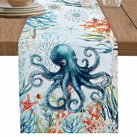 nqOlkjepod Octopus Coastal Table Runner 36 Inches Long Farmhouse Dress Scarves, Summer Beach Ocean Coral Starfish Dining Tablerunner for Coffee Table/Kitchen Island/Party Décor, Small 13" x 36"