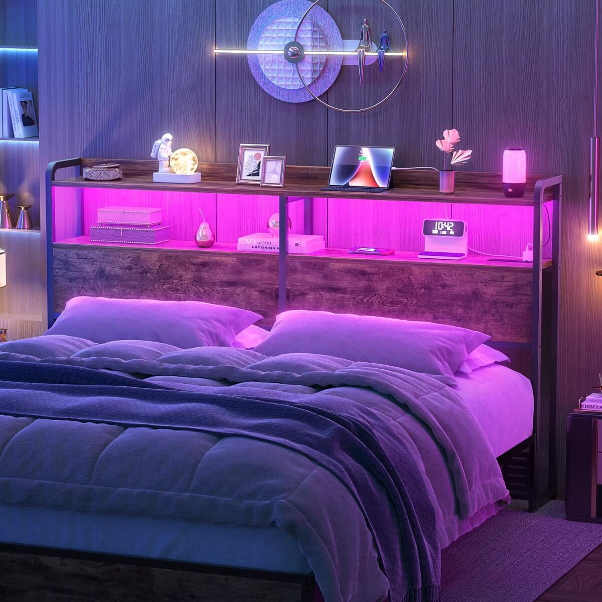 Homieasy Headboard for Queen Size Bed Frame, Headboards with Outlets, USB Ports and LED Light, Head Board with Storage, Height Adjustable, Sturdy and Stable Headboard, Rustic Brown