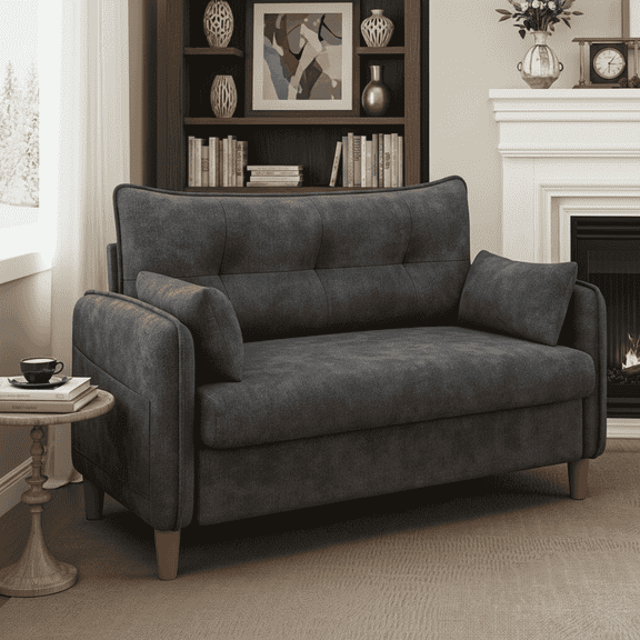 50" Loveseat Couch with Tufted Design, Space-Saving Love Seat Sofa for Small Spaces Living Room Bedroom Home and Apartment, Dark Grey