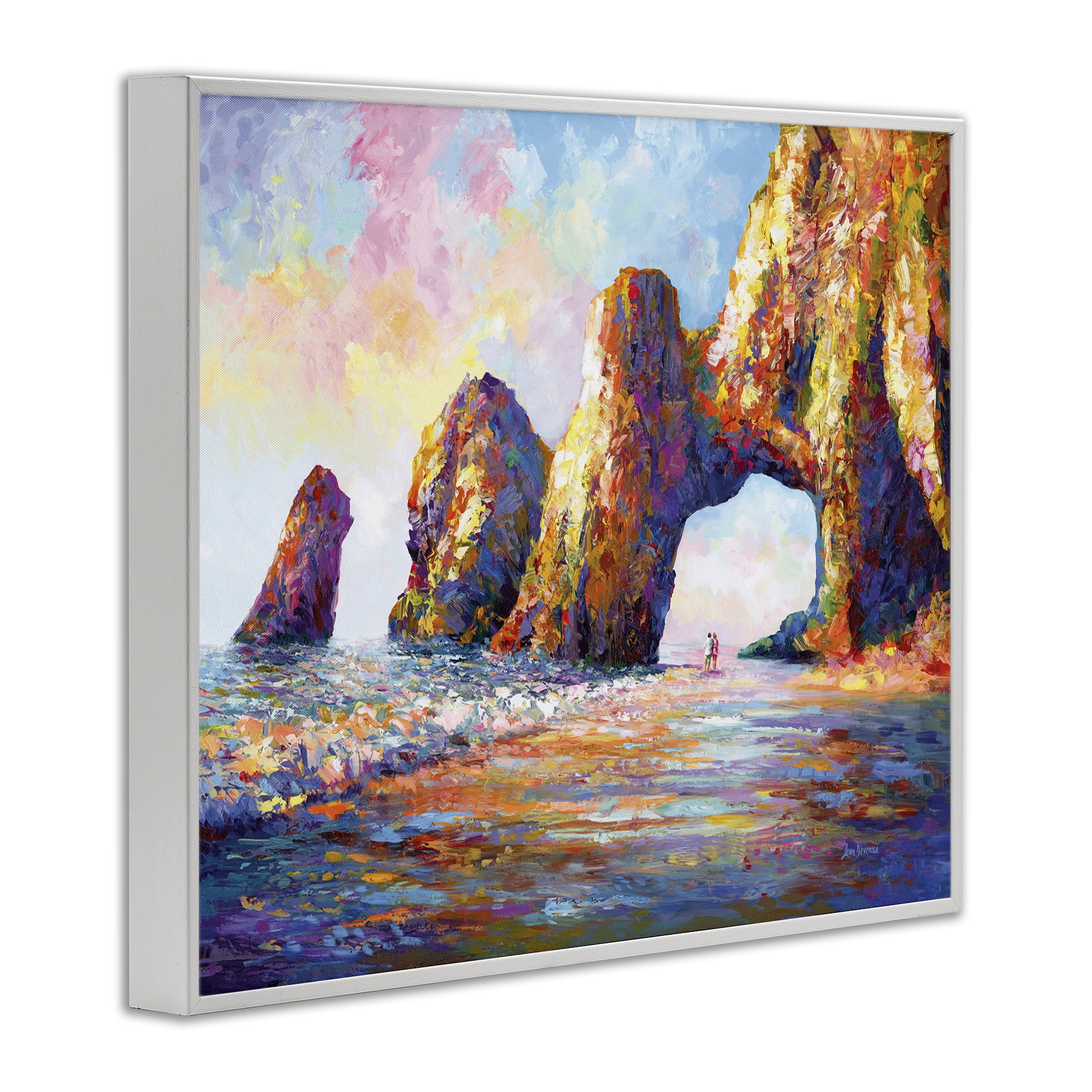 Stupell Industries Couple Strolling Beach Arch Landscape Painting White Framed Art Print Wall Art, 14 x 11