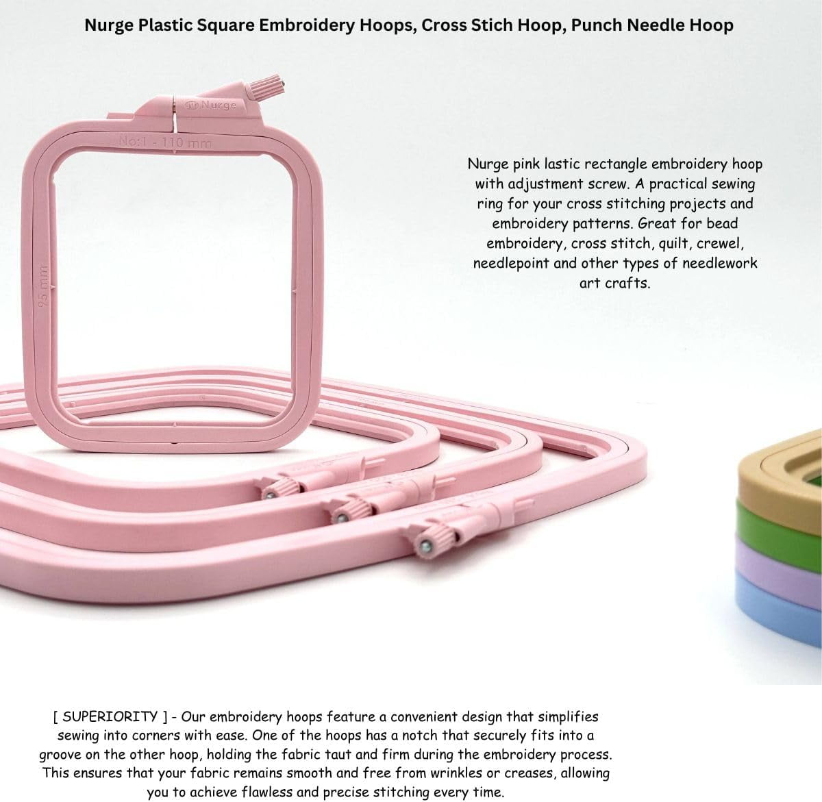 Nurge 4-Piece Square Embroidery Hoop Set, ABS Plastic, Multi-Size, Pink