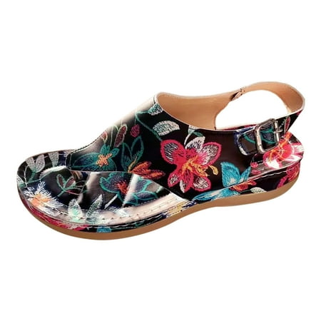 

Gzea Walking Sandals Ladies Summer Beach Flat Casual Colour Block Printed Clip Toe Large Size Slope Heel Sandals Black 38
