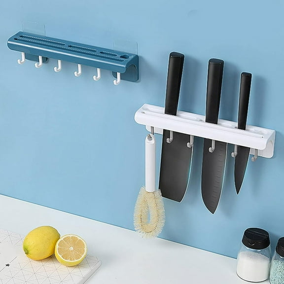 Wall-Mounted Kitchen Rack Knife Holder Storage Shelf with 6 Hooks Cutlery Organizer Household Accessories Gray
