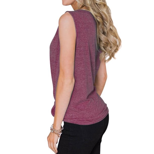 Qarigey Chaleco con cuello en V sin mangas con lazo delantero camiseta mujer verano botón Prendas para la parte del cuerpo Vino rojo L Qarigey AP002390-11