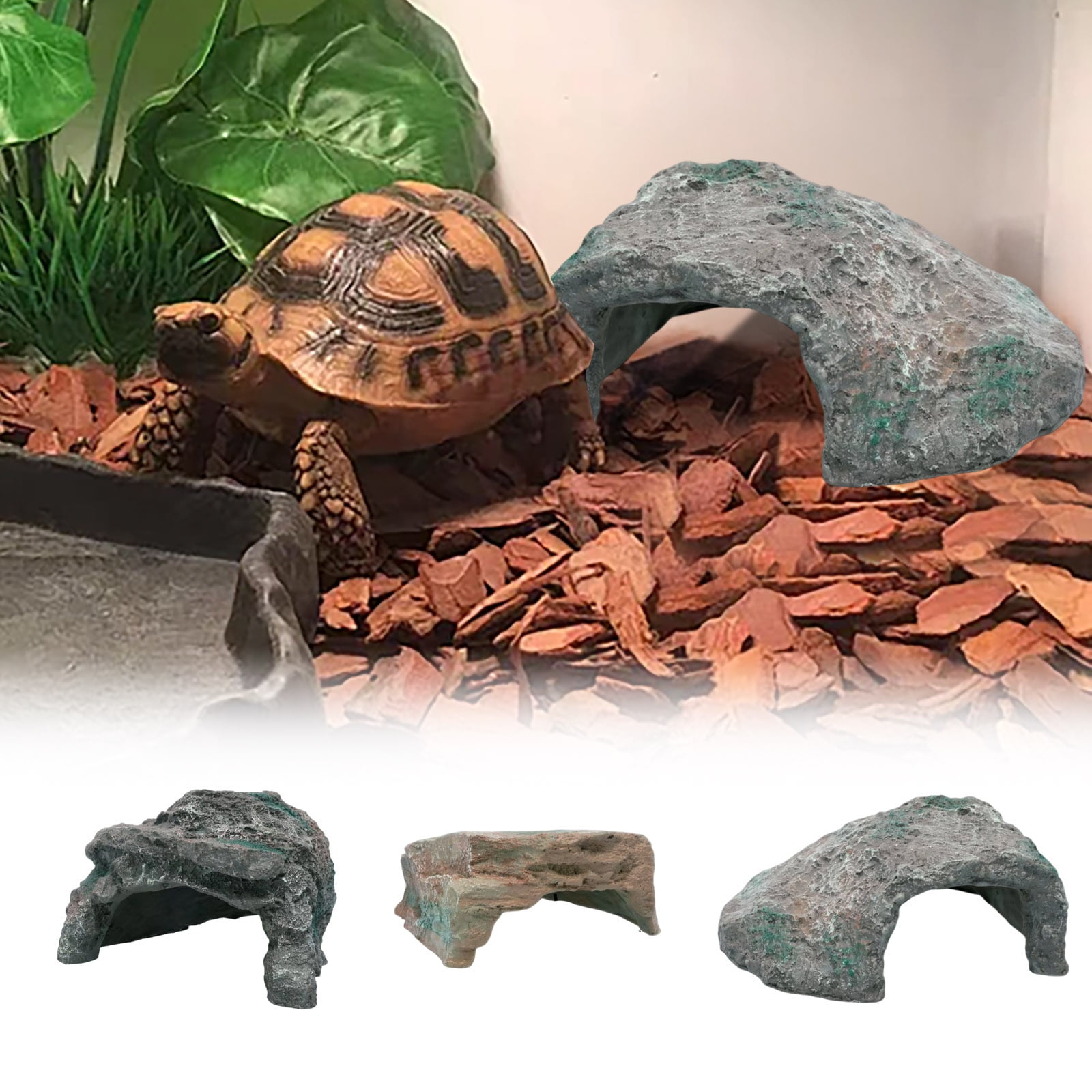 Reptile Hide Basking Platform Rock Cave Natural Resin Ornament for Turtle & Gecko Tank Aquarium Terrace Resting Hideout for Amphibians 4.3"