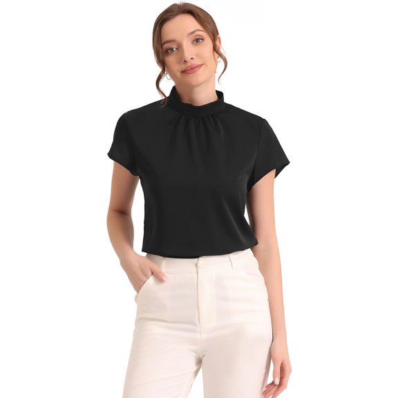 Top de trabajo para mujer con cuello levantado, manga casquillo, espalda de cerradura, elegante blusa de negocios Negro L