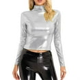 thumbnail image 2 of Womens Blouses Women's Metallic Liquid Mock Neck Turtleneck Crop Top Long Sleeve/Sleeveless Tank Top T Shirt Fashion Clothing, 2 of 5