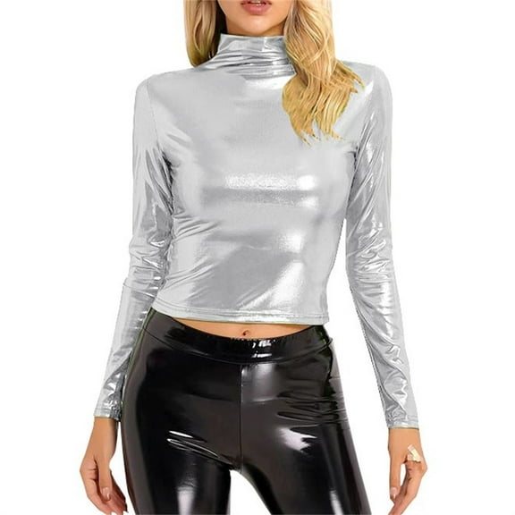 Womens Shirts Metallic Liquid Mock Neck Turtleneck Crop Top Long Sleeve/Sleeveless Tank Top T Shirt Workout Tops