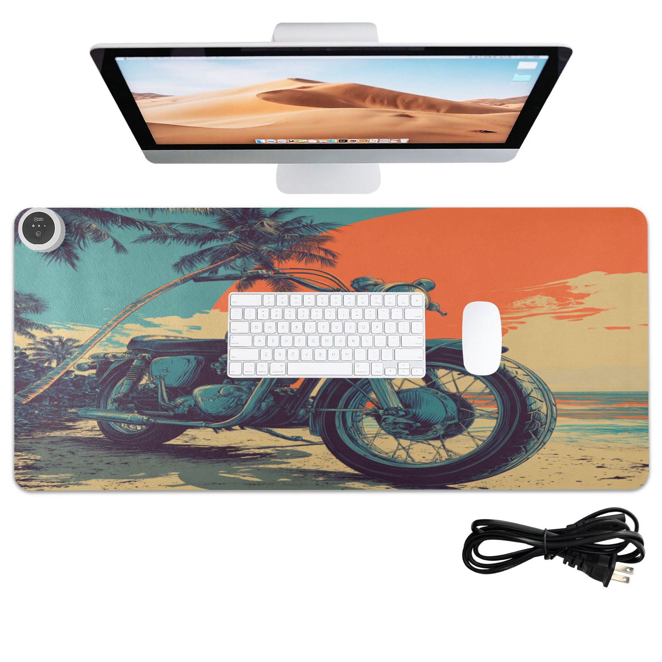 Large Heated Desk Mat Mouse Pad 31.5"x13"PU Leather Graphene Heating Desk Warmer with 3 Temperature Settings 110V US Plug Non-Slip Warm Pad for Home, Office, and Gaming Retro Bike Tropical Sunset