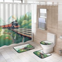 4 Pcs Vehicle Train Landscape Bathroom Shower Curtain Set with 12 Hooks Bath Mat Toilet Lid Cover