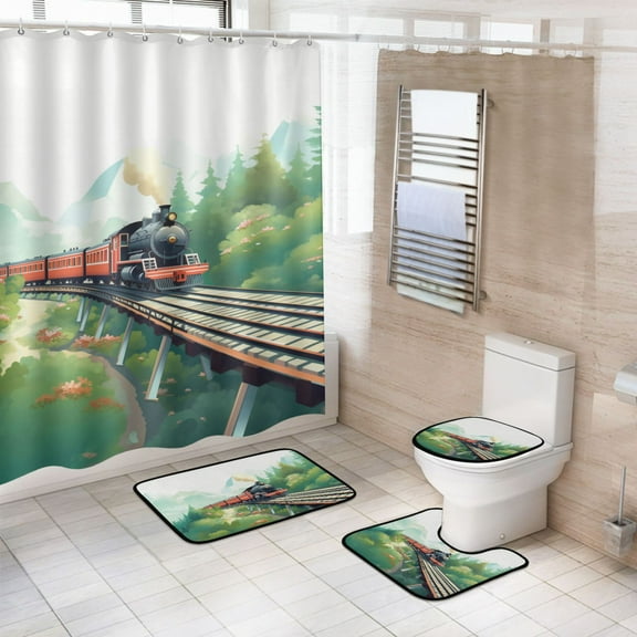 4 Pcs Vehicle Train Landscape Bathroom Shower Curtain Set with 12 Hooks Bath Mat Toilet Lid Cover