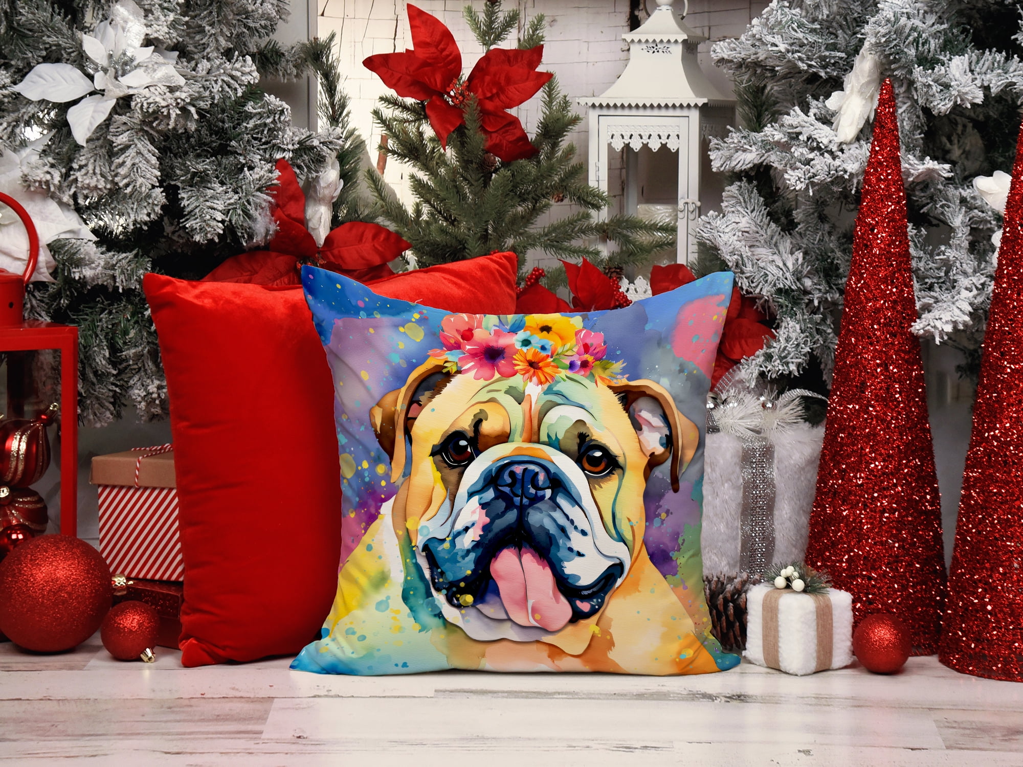English Bulldog Hippie Dawg Fabric Decorative Pillow 18 in x 18 in