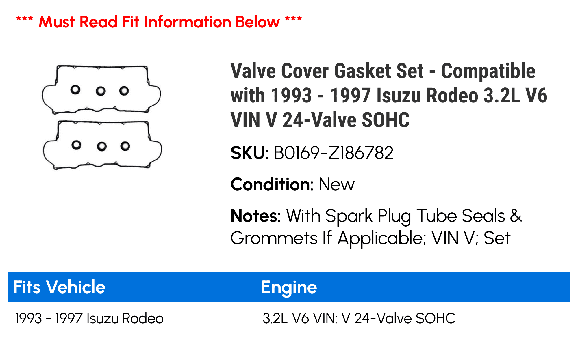 Valve Cover Gasket Set Compatible with 1993 1997 Isuzu Rodeo 3.2L V6  VIN V 24-Valve SOHC 1994 1995 1996