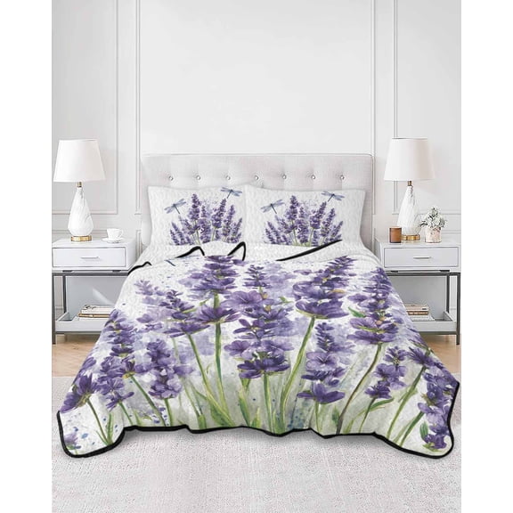 Quilts Full Size, Purple Lavender Soft Comforter Bedding Set for Bed, Pastoral Botanical Floral Dragonfly Lightweight Quilted Bedspread with Pillow Cover(2 Pieces) for All Season, 78x90 Inch