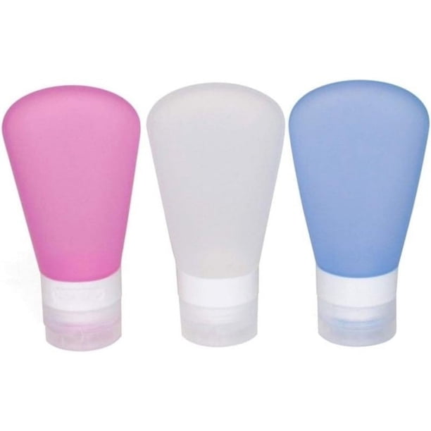 Paquete de 3 botellas portátiles de viaje de silicona líquida de grado alimenticio para champú, acondicionador, loción, artículos de tocador y condimentos (2 oz rosa + blanco + azul)