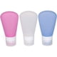 thumbnail image 1 of Paquete de 3 botellas portátiles de viaje de silicona líquida de grado alimenticio para champú, acondicionador, loción, artículos de tocador y condimentos (2 oz rosa + blanco + azul), 1 of 5