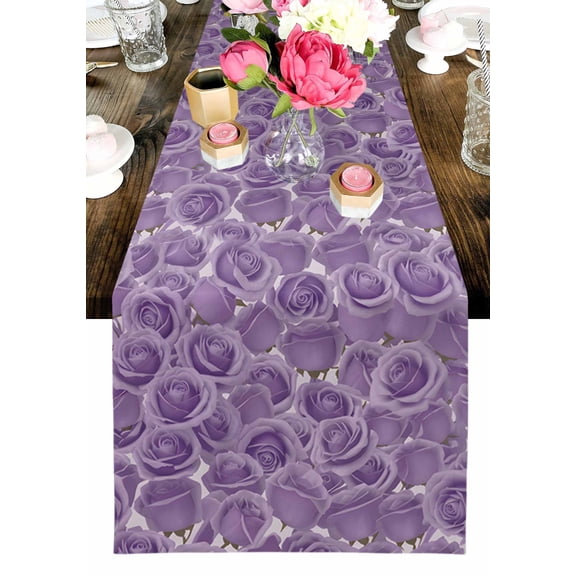 Purple Rose Table Runner, Valentine's Day Washable Cotton-linen Table Runners Dining Kitchen Decoration for Everyday Home Wedding Party Decor, 13 x 108 Inch
